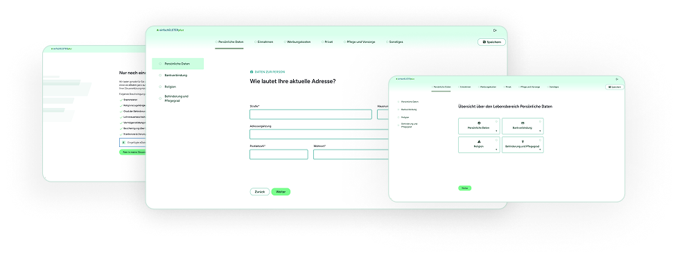 Beispielansicht im Browser von Formularen in einfachELSTERplus mit Eingabefeldern und Auswahlfeldern